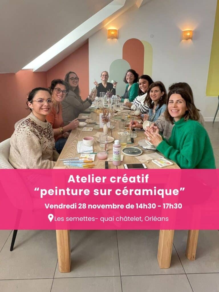 Atelier créatif entre entrepreneures à Orléans le 28 novembre 2025 aux Semettes. Peinture sur céramique
